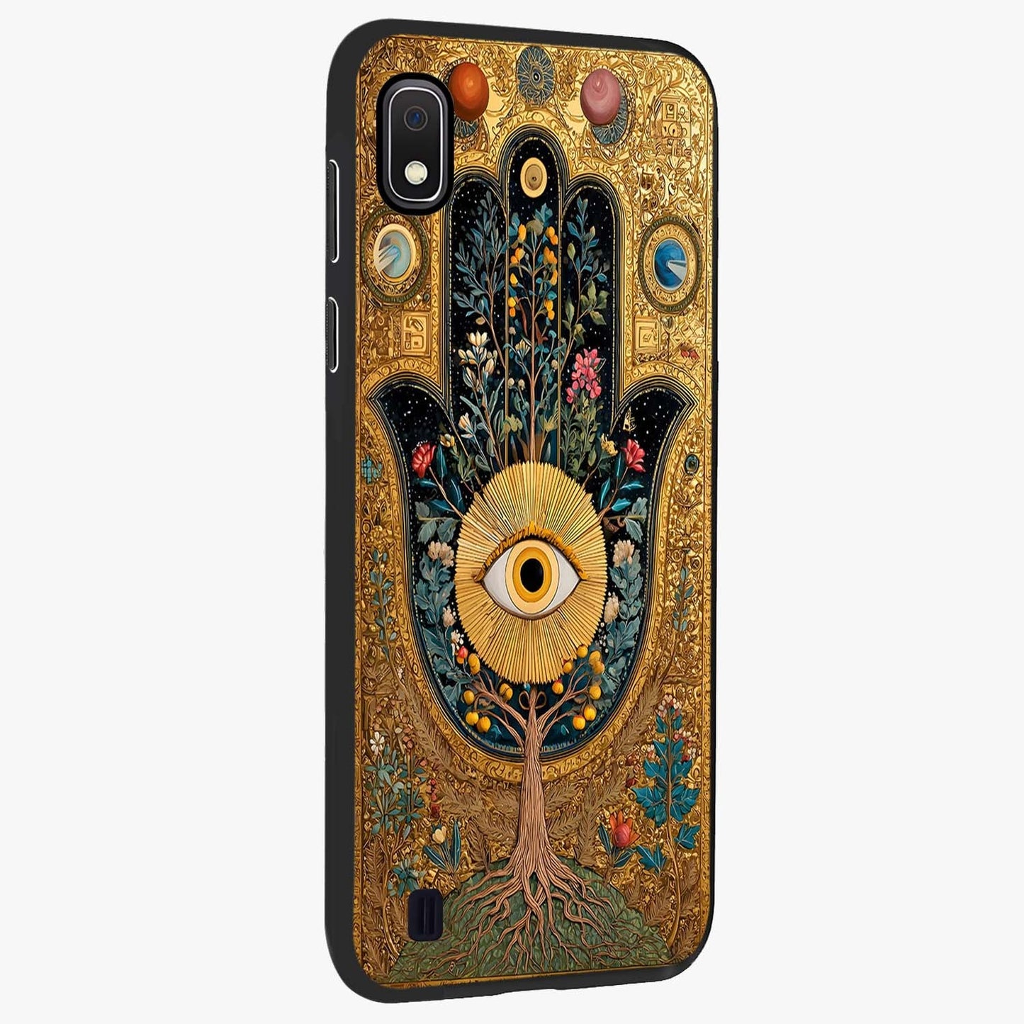Ethereal Evil Eye Glass Case upright view showcasing celestial evil eye artwork with mystical theme.
