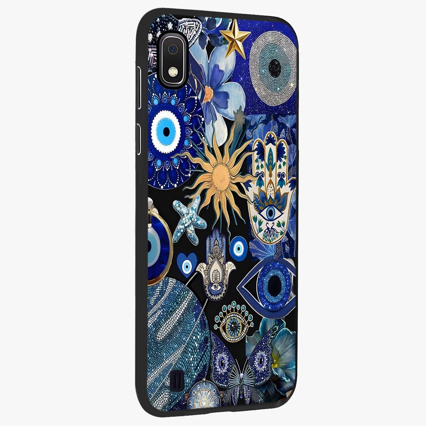 Evil Eye Charm Mix Glass Case upright view showcasing mystical evil eye pattern with vibrant decorative style.