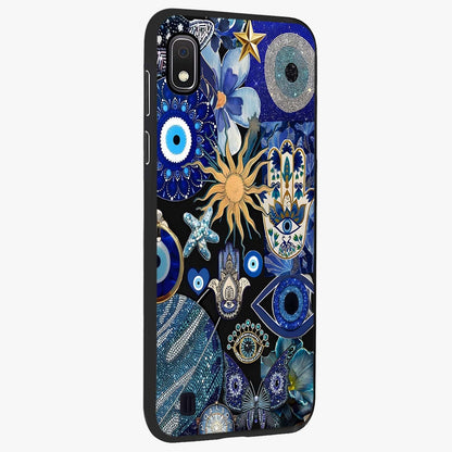 Evil Eye Charm Mix Glass Case upright view showcasing mystical evil eye pattern with vibrant decorative style.