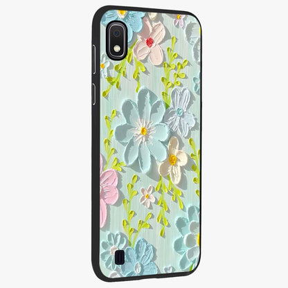 Frosted Petal Garden Glass Case upright view showcasing elegant floral garden artwork with soothing pastel theme.