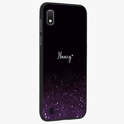 Glittery Purple Bokeh Custom Name Glass Case upright view showcasing vibrant purple sparkle artwork with personalized aesthetic style.