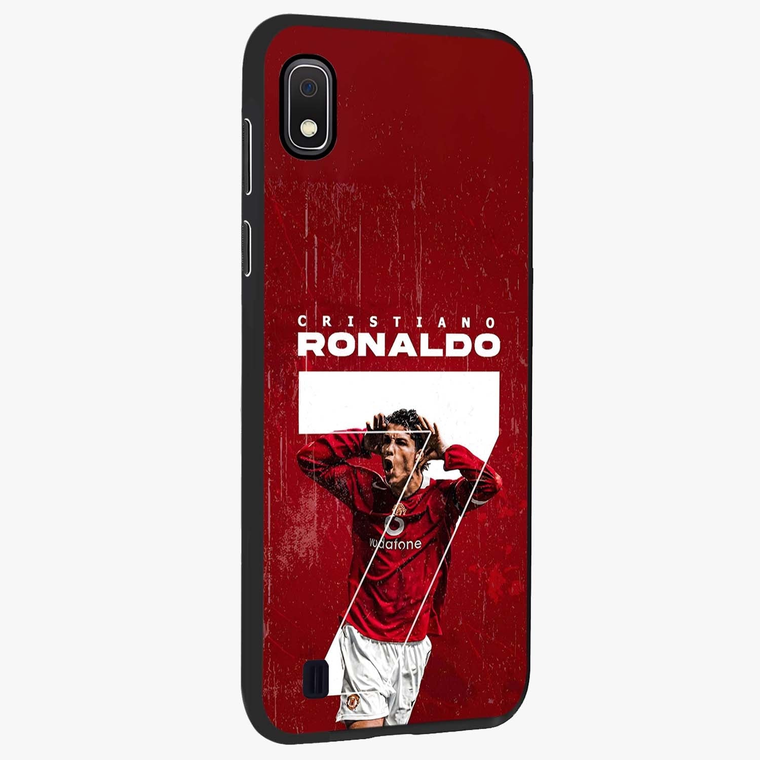 Goal Celebration Legacy Glass Case upright view showcasing dynamic football inspired artwork with victory celebration aesthetic.