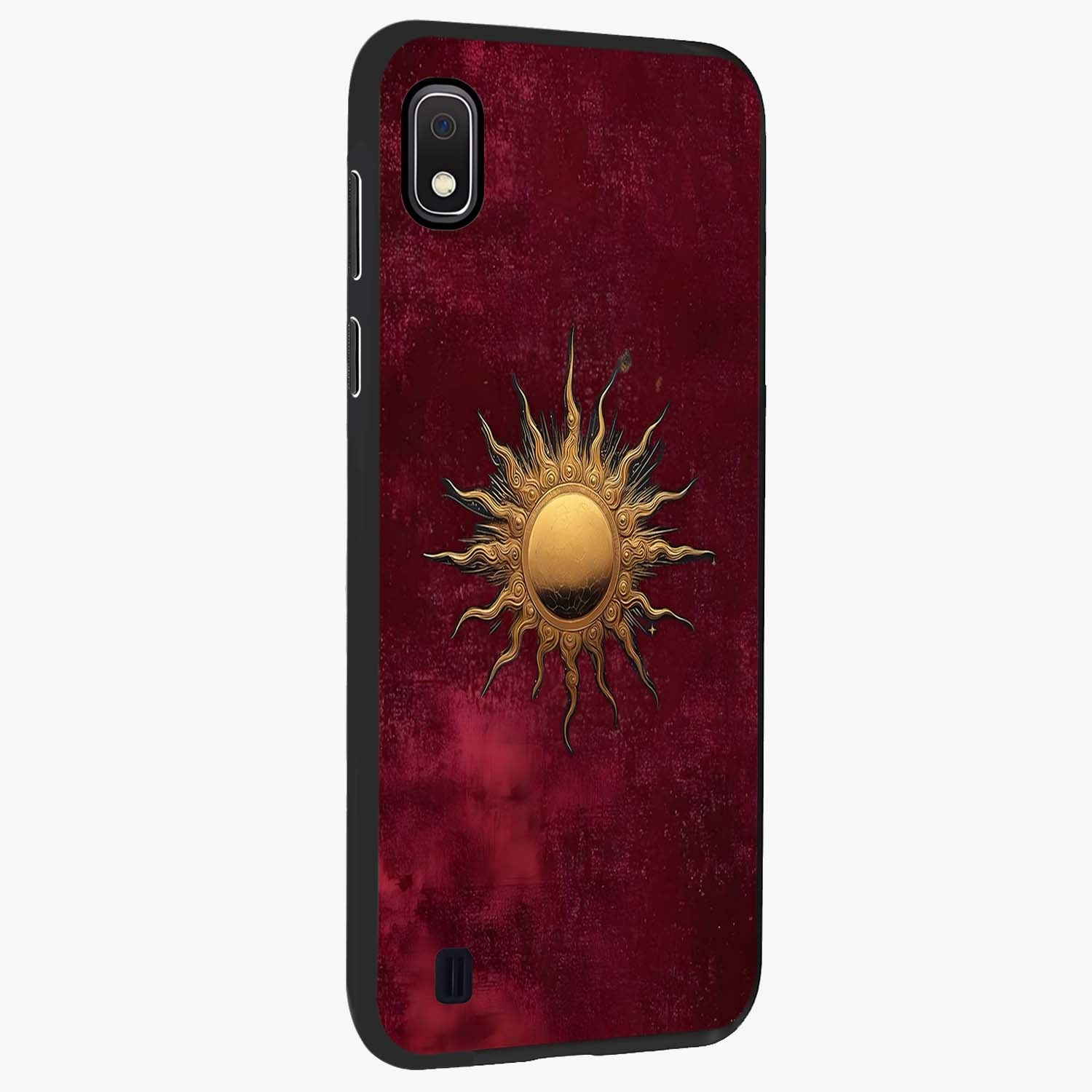 Golden Sun Minimalism Glass Case upright view showcasing simple golden sun artwork with elegant minimalist style.