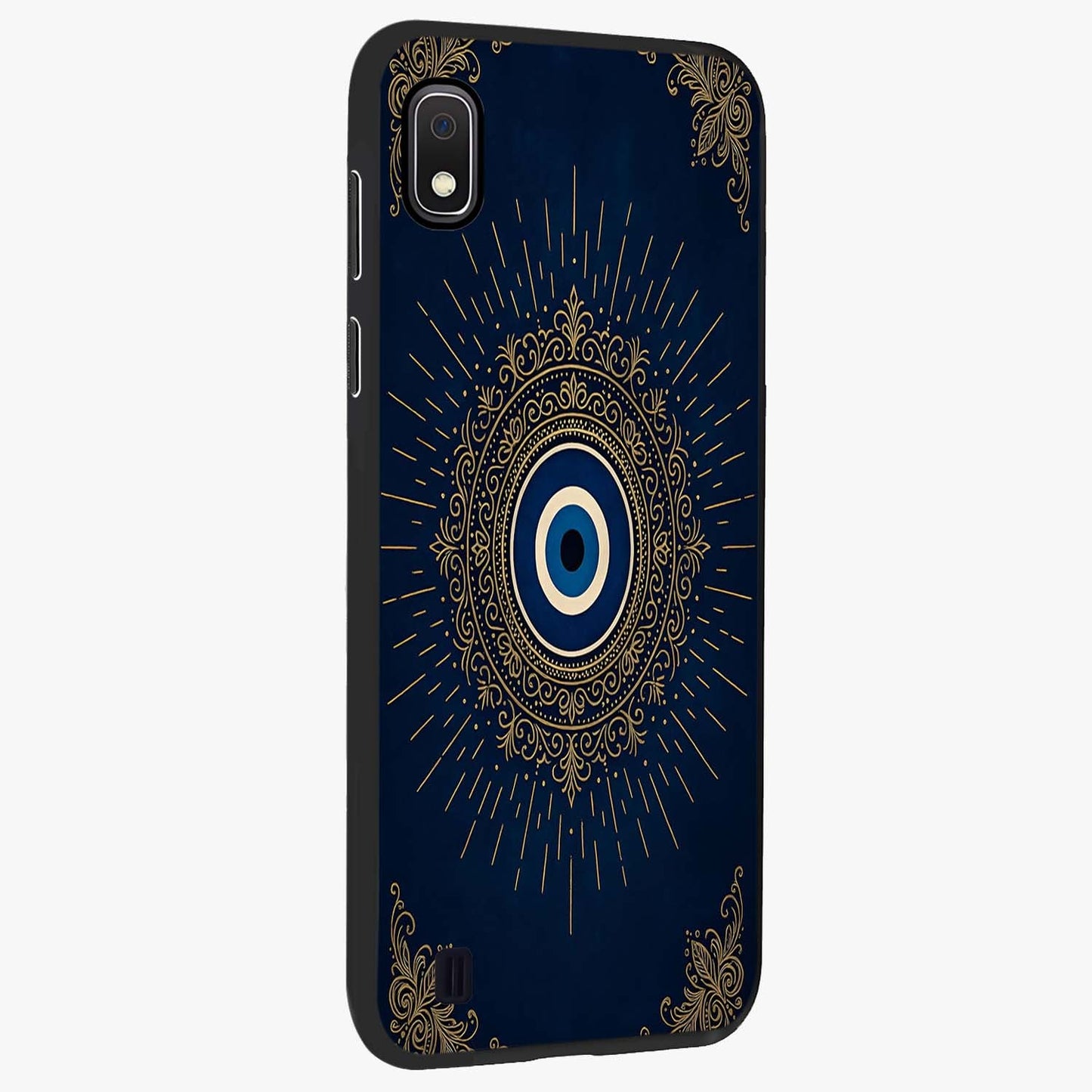 Golden Celestial Charm Glass Case upright view showcasing radiant celestial artwork with elegant golden theme.