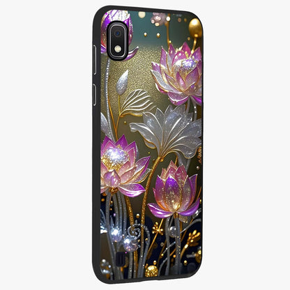 Golden Floral Majesty Glass Case upright view showcasing majestic floral artwork with rich decorative theme.
