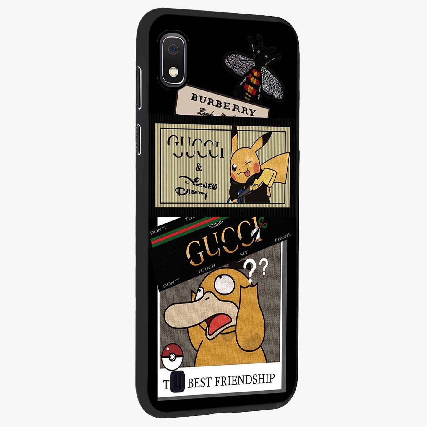 Gucci Play Mashup Glass Case upright view showcasing trendy luxury inspired artwork with modern fashion theme.
