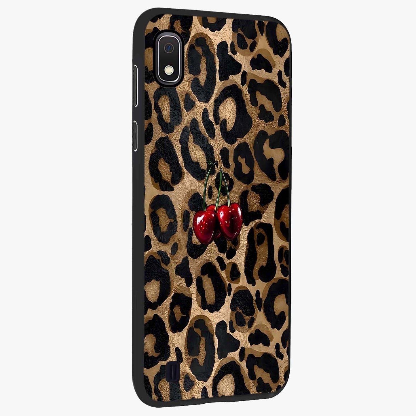 Leopard Wild Cherry Glass Case upright view showcasing stylish leopard pattern artwork with trendy fashion theme.