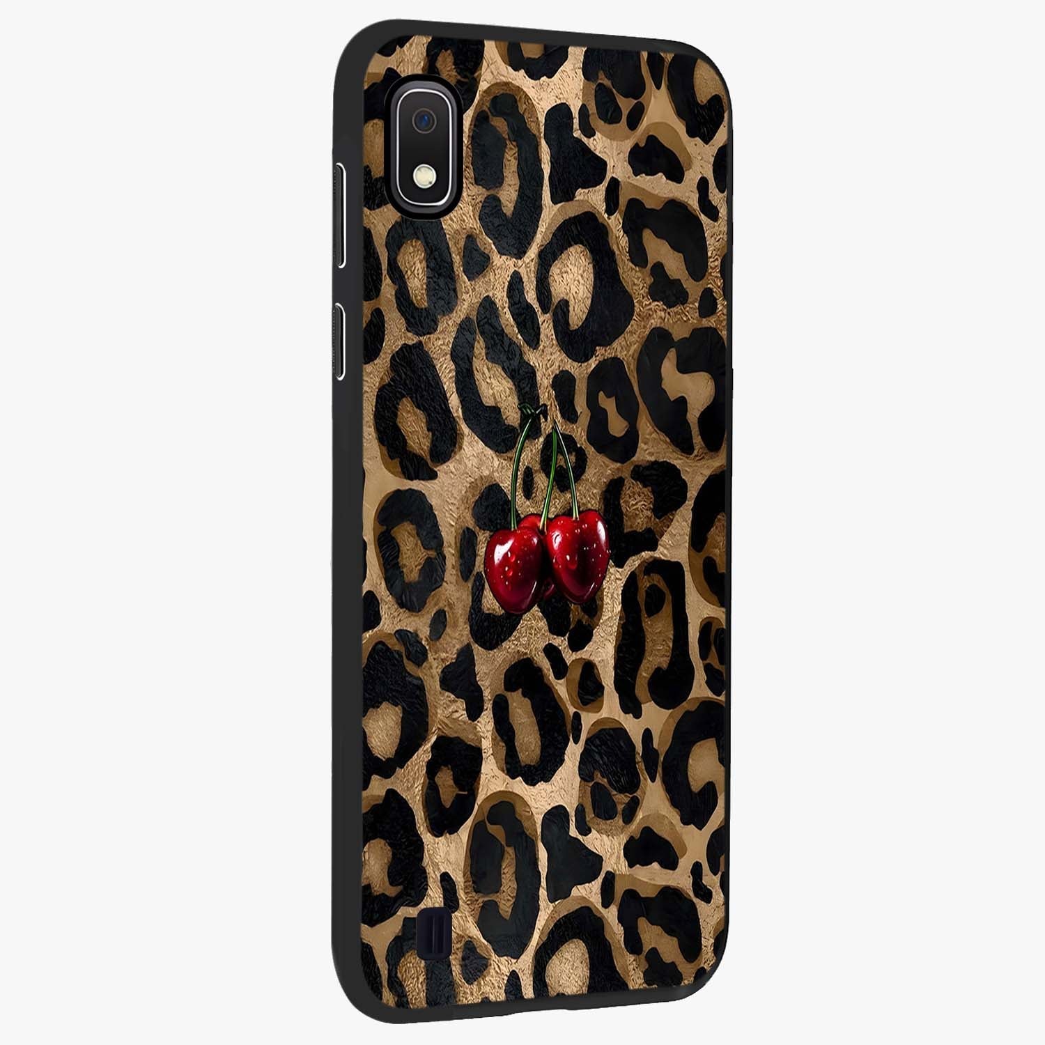 Leopard Wild Cherry Glass Case upright view showcasing stylish leopard pattern artwork with trendy fashion theme.