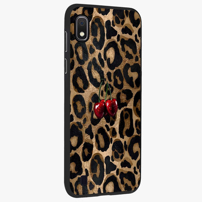 Leopard Wild Cherry Glass Case upright view showcasing stylish leopard pattern artwork with trendy fashion theme.