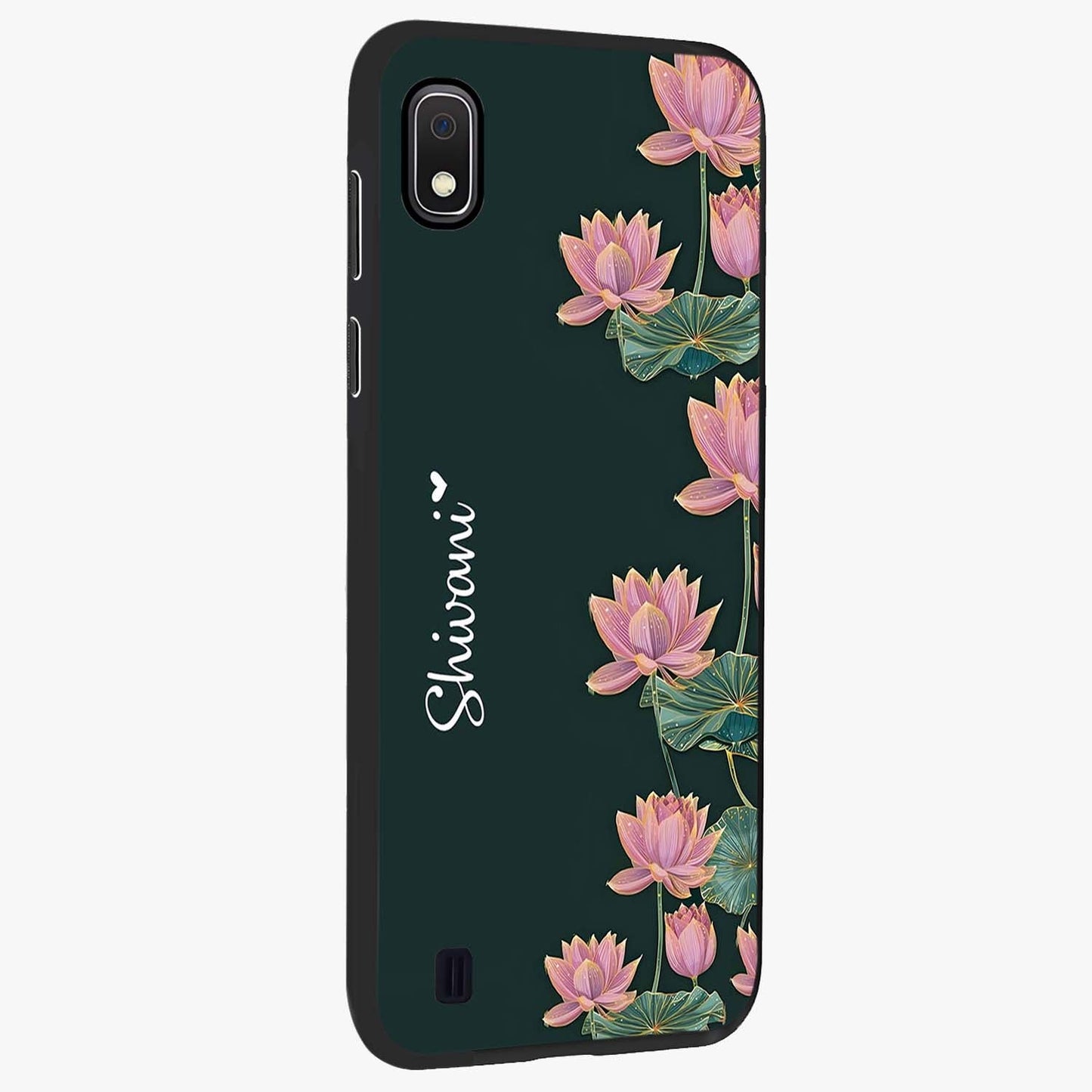 Lotus Bloom Serenity Custom Name Glass Case upright view showcasing serene lotus bloom artwork with personalized floral aesthetic.