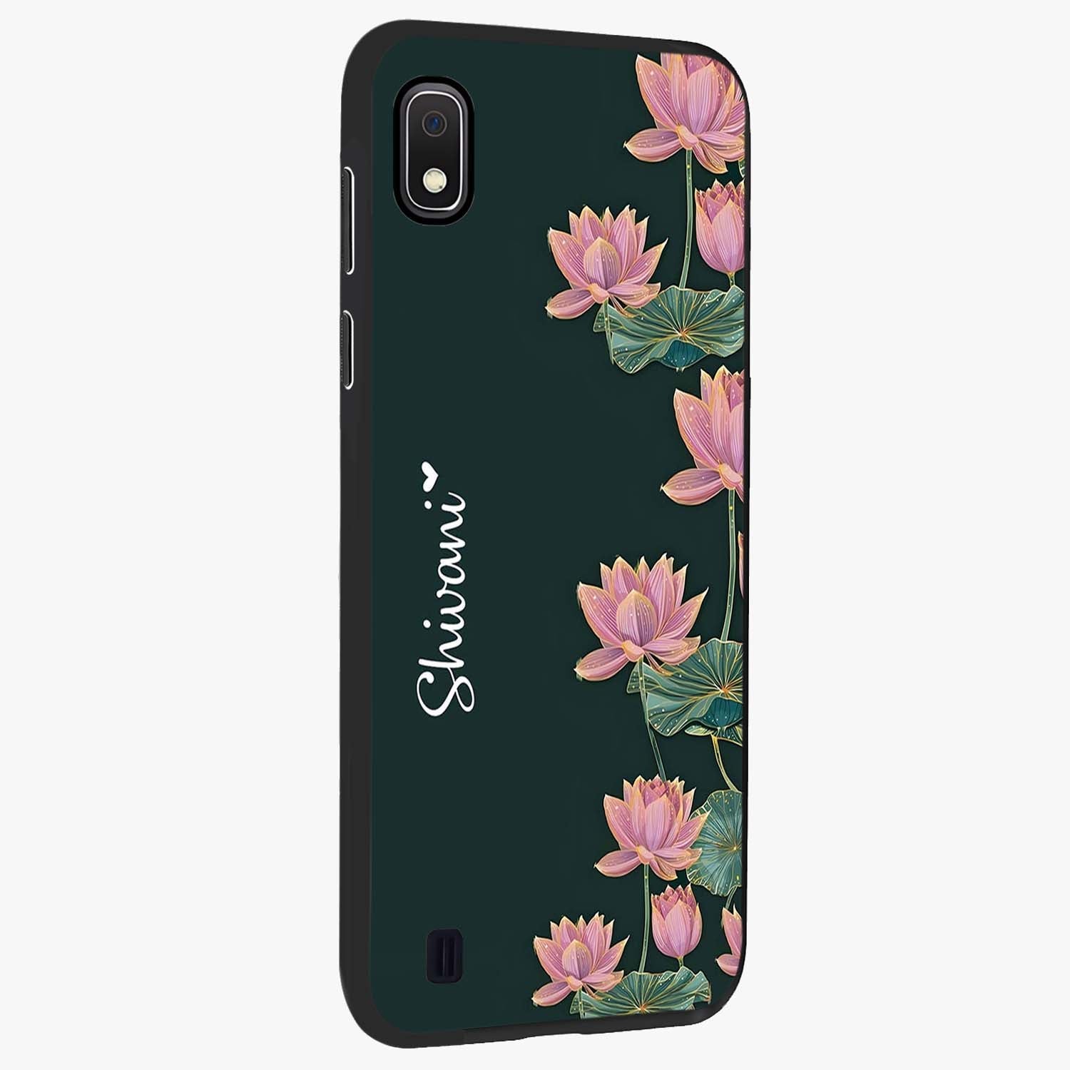 Lotus Bloom Serenity Custom Name Glass Case upright view showcasing serene lotus bloom artwork with personalized floral aesthetic.