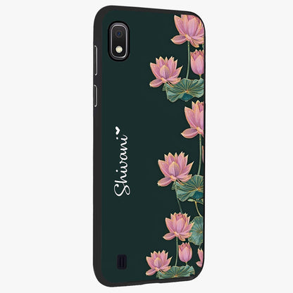 Lotus Bloom Serenity Custom Name Glass Case upright view showcasing serene lotus bloom artwork with personalized floral aesthetic.