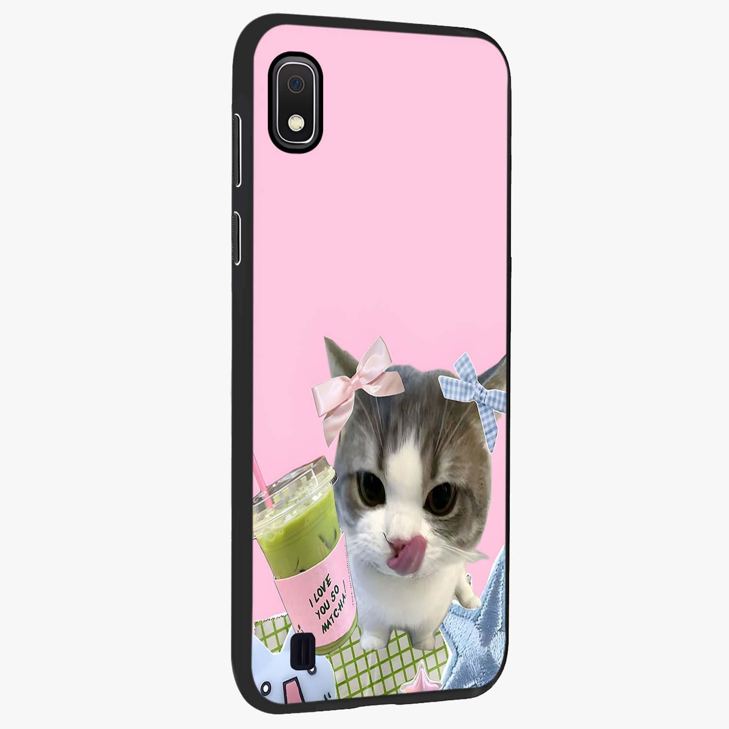 Love Matcha Cat Glass Case upright view showcasing adorable cat artwork with charming matcha themed design.