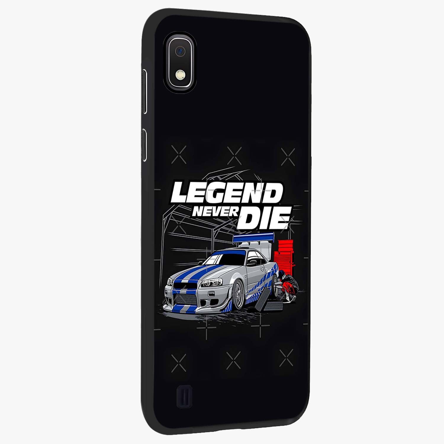Midnight Racing Legacy Glass Case upright view showcasing powerful racing artwork with modern sports theme.