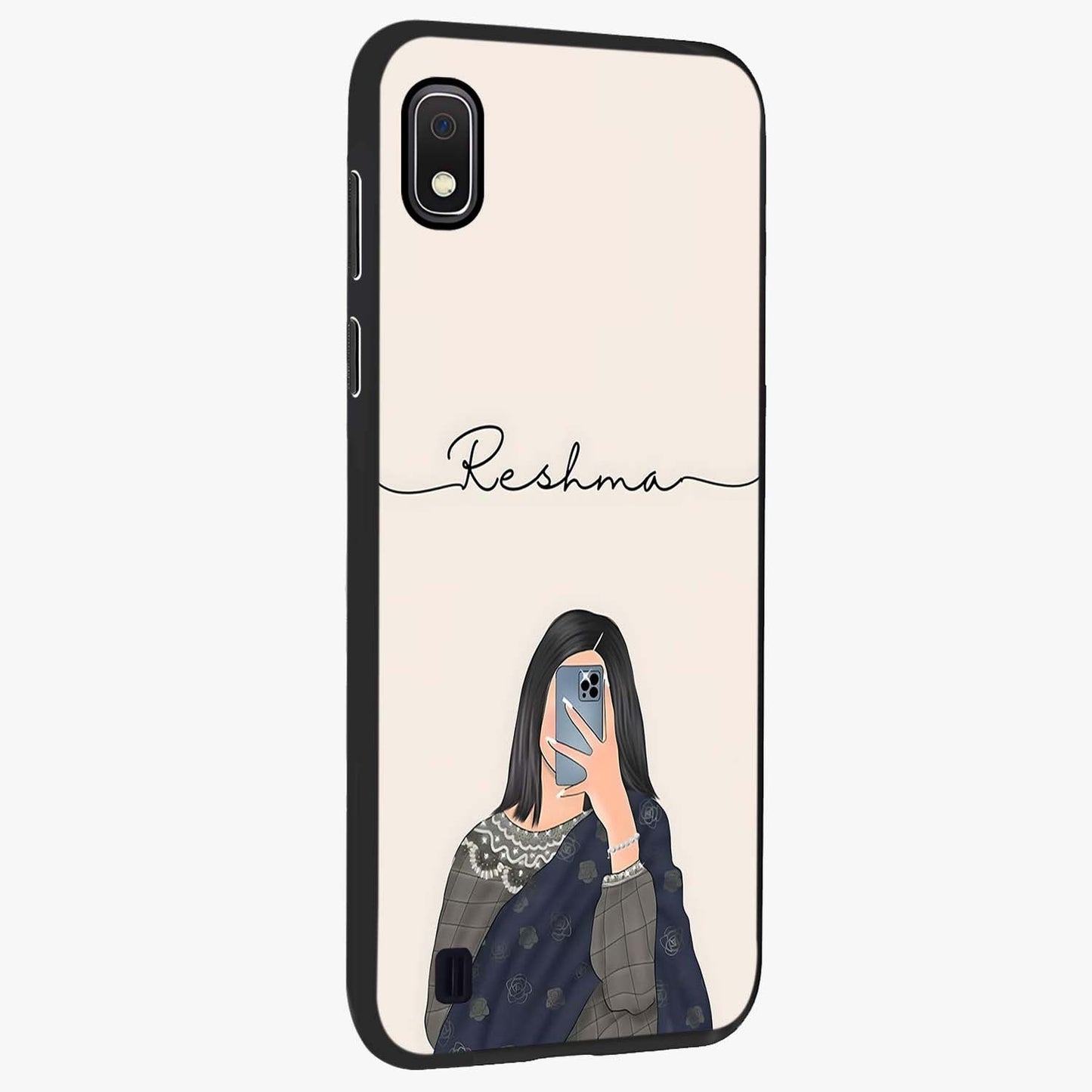 Mirror Mood Muse With Custom Name Glass Case upright view showcasing artistic mirror themed artwork with personalized aesthetic.