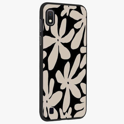 Monochrome Petal Dance Glass Case upright view showcasing artistic floral pattern with stylish monochrome theme.