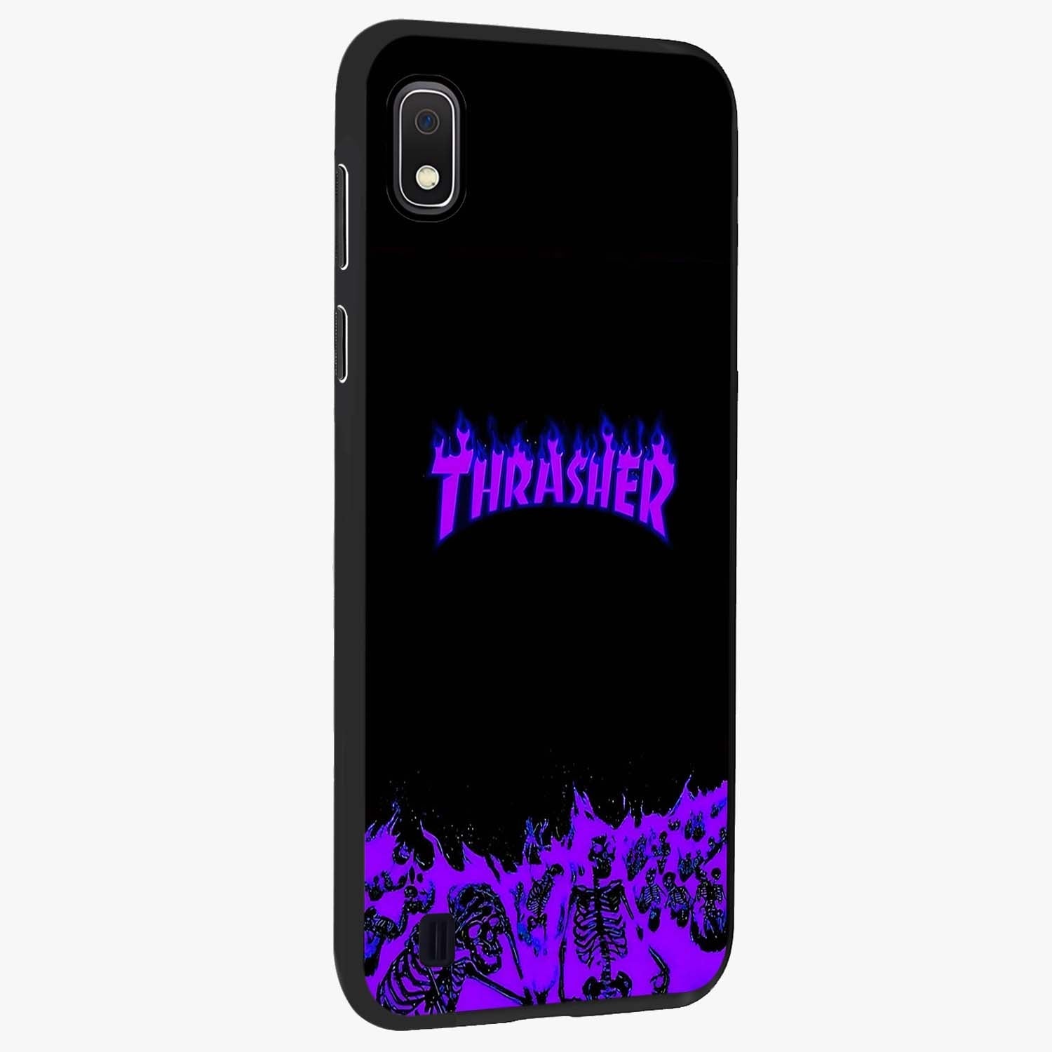 Neon Flame Riot Glass Case upright view showcasing dynamic flame artwork with energetic neon theme.