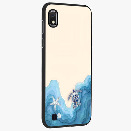 Ocean Drift Turtle Glass Case upright view showcasing calm underwater turtle artwork with nature inspired theme.