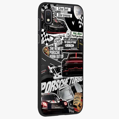 Porsche Racing Collage Glass Case upright view showcasing energetic car collage artwork with high speed racing theme.