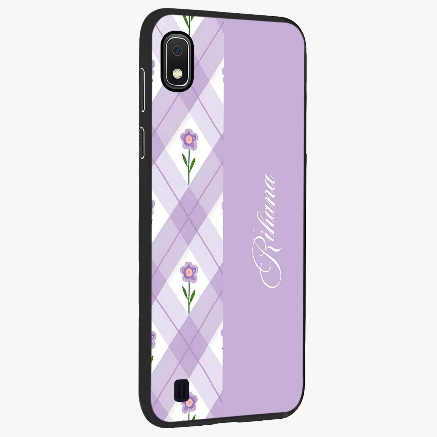 Purple Diamond Floral Glass Case upright view showcasing vibrant floral artwork with stylish geometric theme.