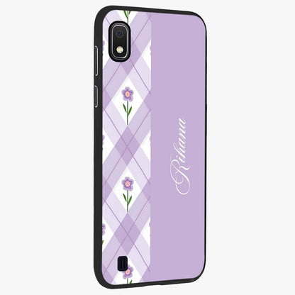 Purple Diamond Floral Glass Case upright view showcasing vibrant floral artwork with stylish geometric theme.