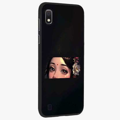 Radha Divine Embrace Glass Case upright view showcasing sacred Radha themed artwork with peaceful devotional style.