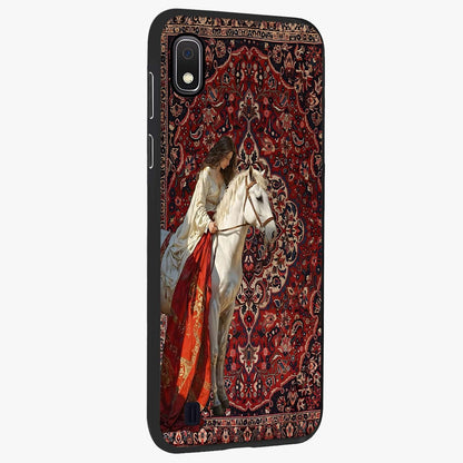 Royal Rider Tapestry Glass Case upright view showcasing detailed rider artwork with classic tapestry theme.