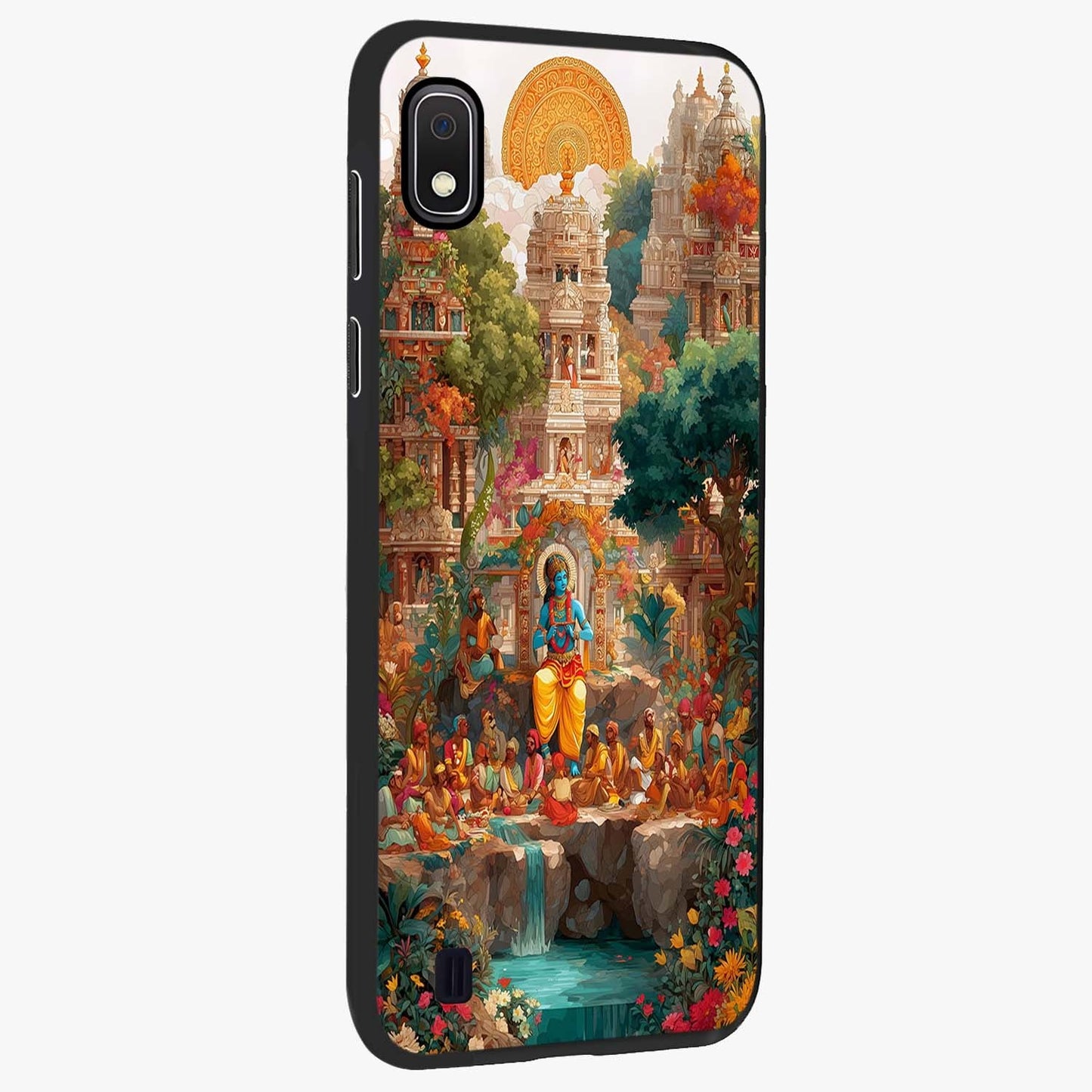 Sacred Sunlight Gods Glass Case upright view showcasing glowing divine artwork with sacred mythological theme.