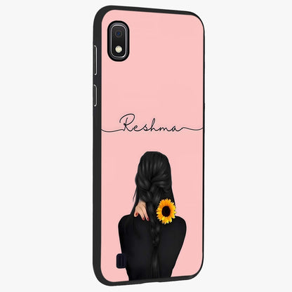 Sunflower Braid Beauty With Custom Name Glass Case upright view showcasing bright sunflower artwork with personalized floral aesthetic.