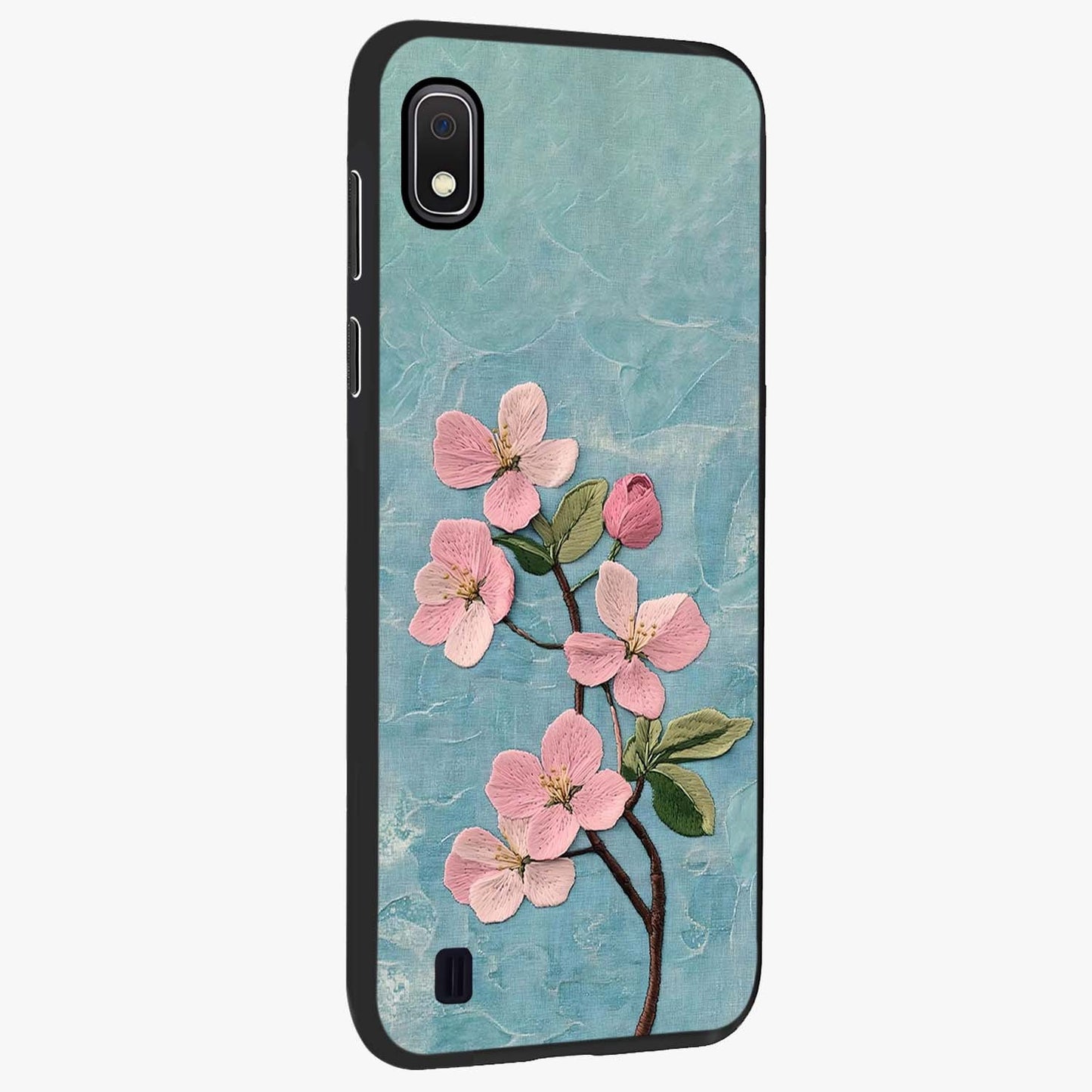 Threaded Blossom Breeze Glass Case upright view showcasing graceful flower artwork with calm botanical theme.