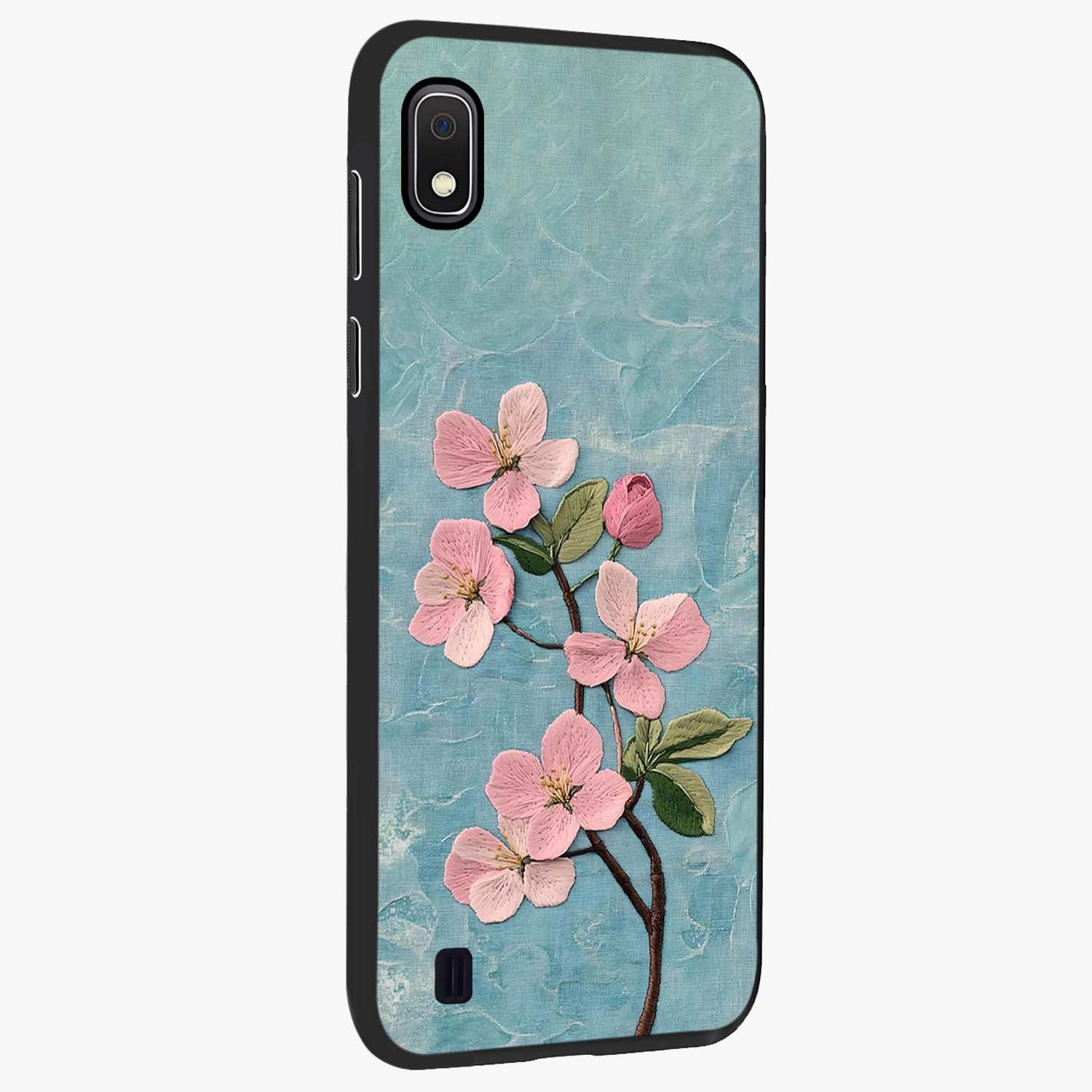 Threaded Blossom Breeze Glass Case upright view showcasing graceful flower artwork with calm botanical theme.