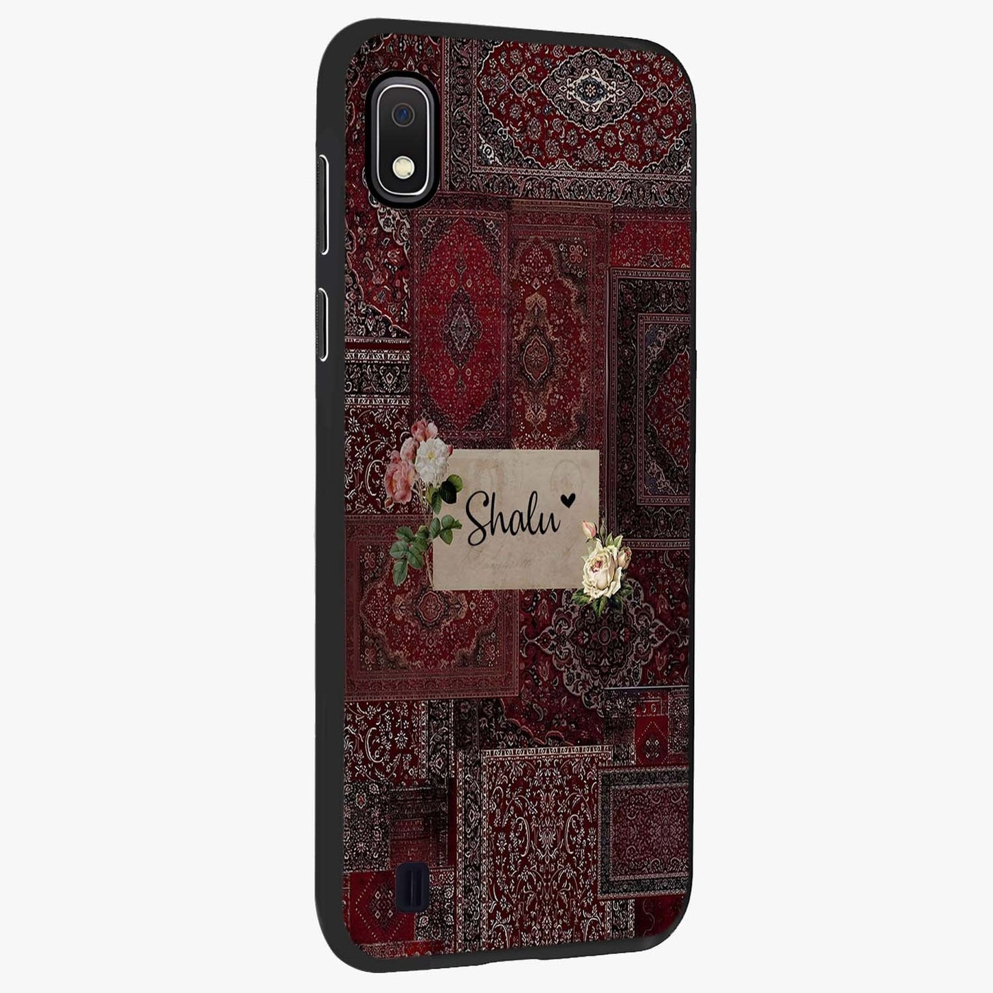 Velvet Wine Pattern Custom Name Glass Case upright view showcasing luxurious wine toned artwork with personalized aesthetic.