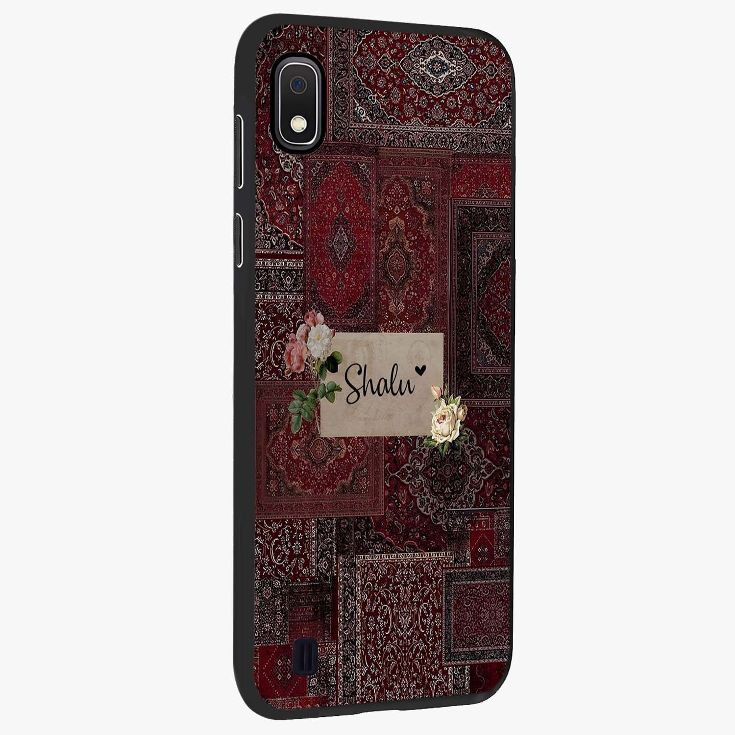 Velvet Wine Pattern Custom Name Glass Case upright view showcasing luxurious wine toned artwork with personalized aesthetic.