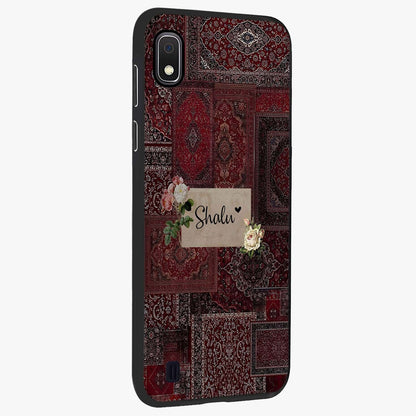Velvet Wine Pattern Custom Name Glass Case upright view showcasing luxurious wine toned artwork with personalized aesthetic.