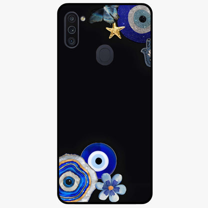 Aesthetic Blue Evil Eye Glass Case showing flat back view with protective evil eye artwork and glossy glass finish.