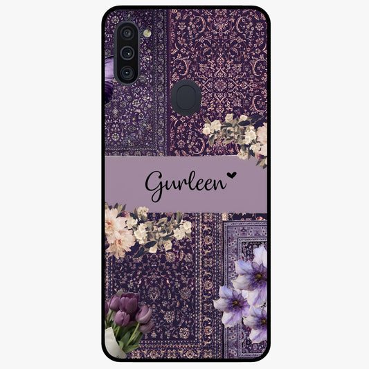 Antique Floral Whisper Custom Name Glass Case showing flat back view with vintage floral artwork and personalized name design.