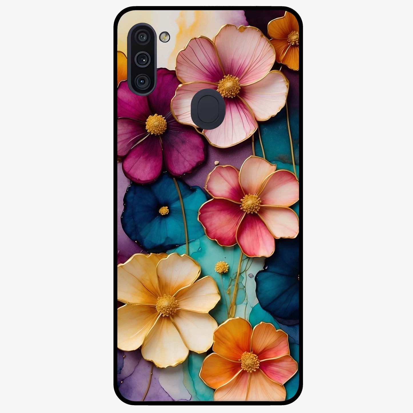 Artlyn Grace Flower Pattern Glass Case showing flat back view with elegant floral pattern artwork and glossy glass finish.