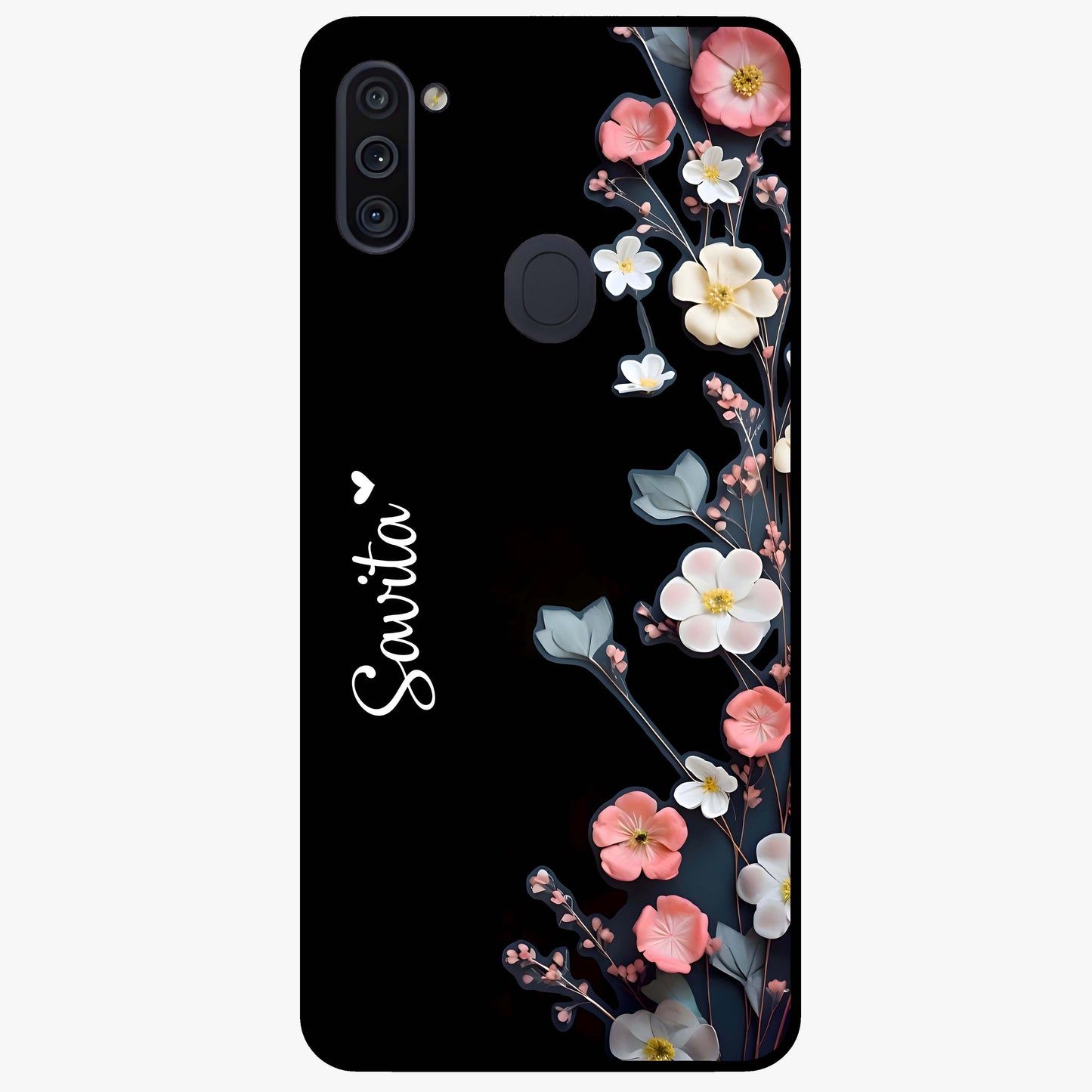 Black Elegance Floral Custom Name Glass Case showing flat back view with elegant floral artwork and personalized name design.