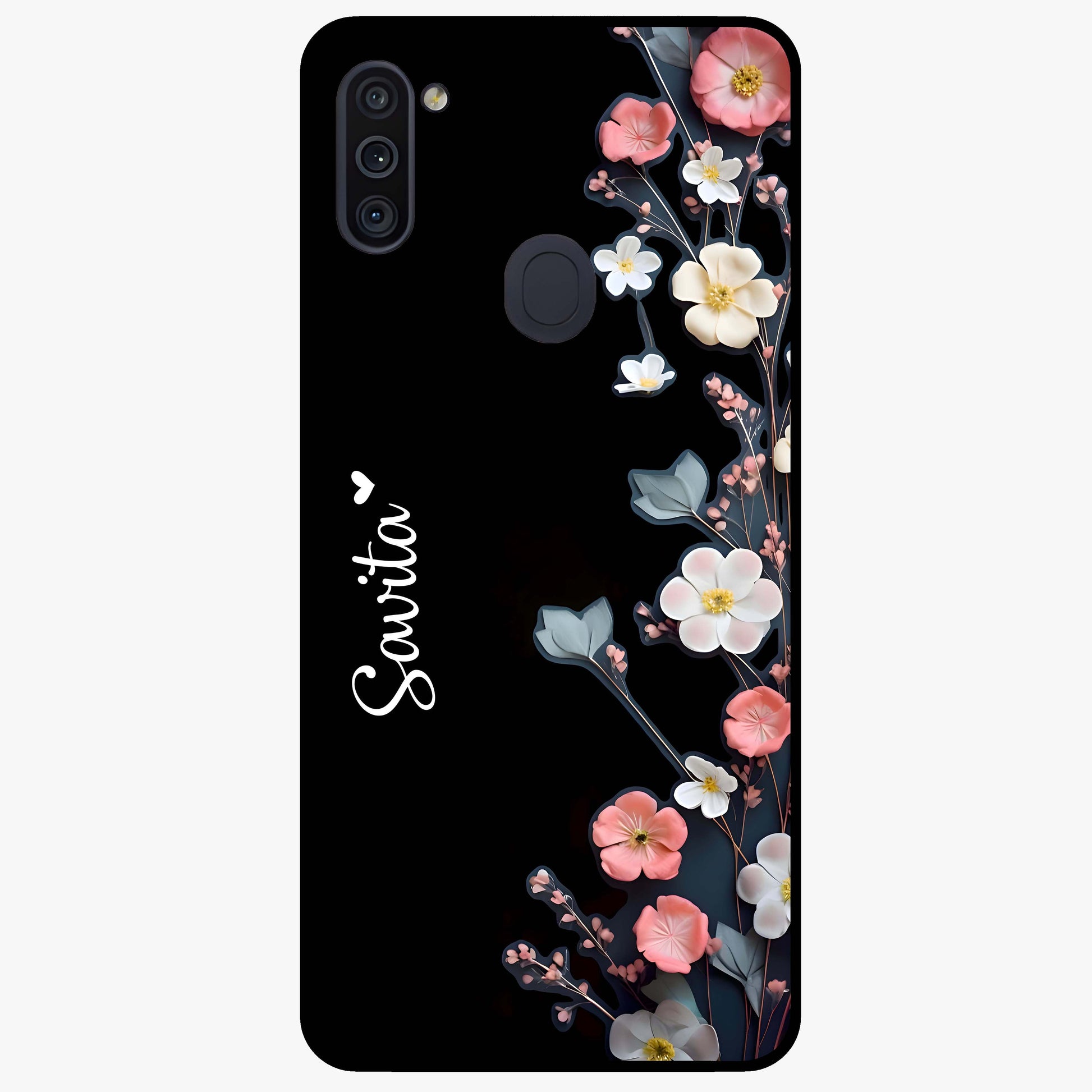 Black Elegance Floral Custom Name Glass Case showing flat back view with elegant floral artwork and personalized name design.