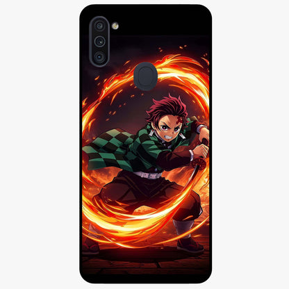 Blazing Sword Resolve Glass Case showing flat back view with fiery sword artwork and glossy glass finish.