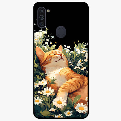 Blissful Bloom Cat Glass Case showing flat back view with cute cat and floral bloom artwork and glossy glass finish.