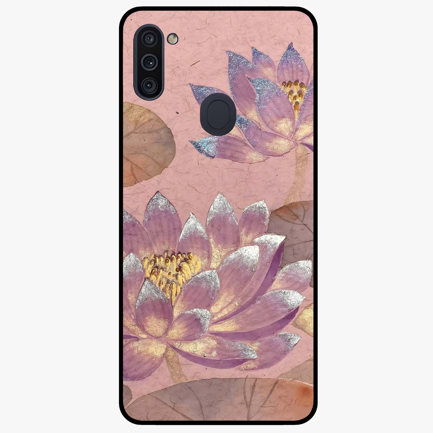 Blossom Mist Lotus Glass Case showing flat back view with serene lotus blossom artwork and glossy glass finish.