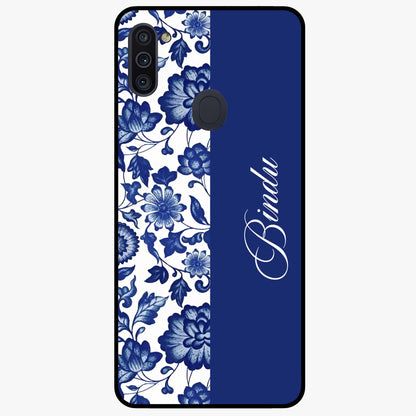 Blue Vintage Floral Pattern Glass Case upright view showcasing timeless floral illustration with vintage inspired style.