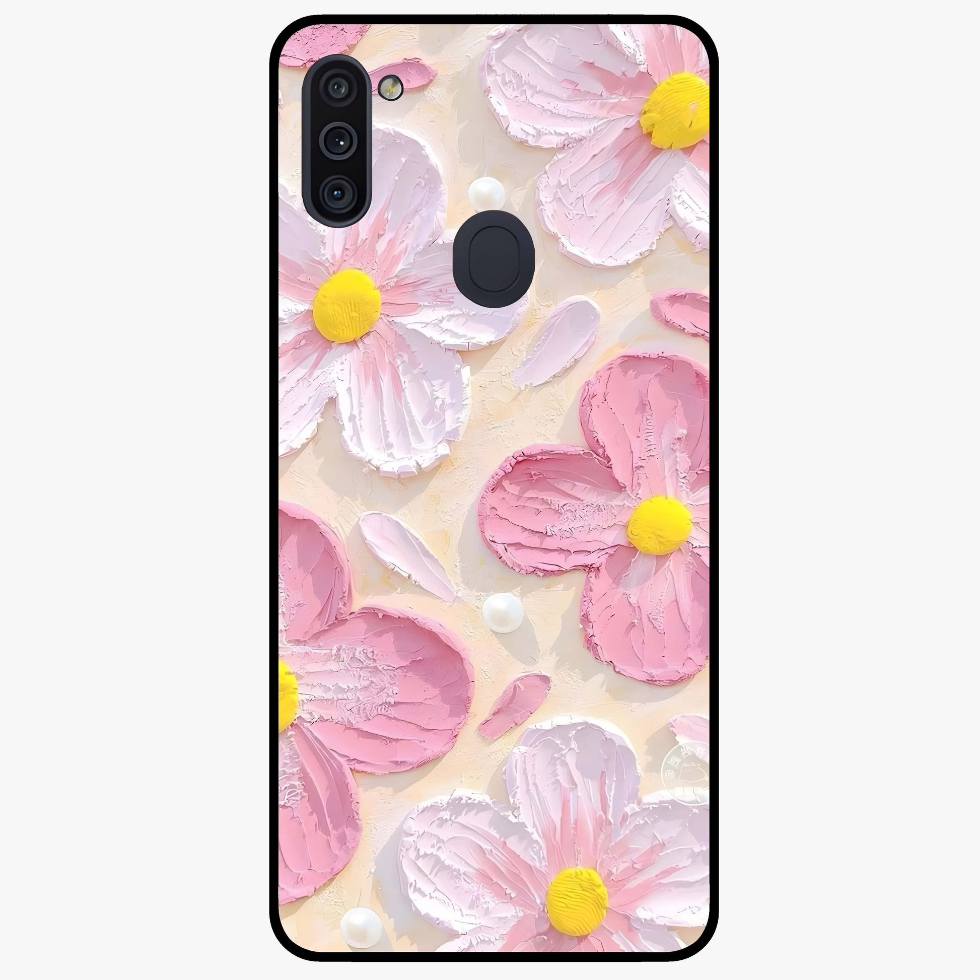 Blush Bloom Texture Glass Case showing flat back view with soft blush floral texture artwork and glossy glass finish.