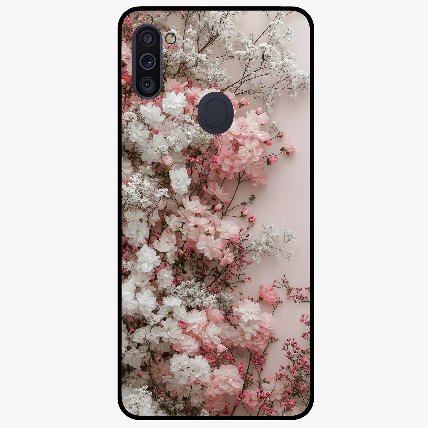 Blush Blossom Cloud Glass Case showing flat back view with dreamy blush cloud blossom artwork and glossy glass finish.