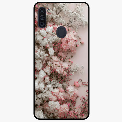 Blush Blossom Cloud Glass Case showing flat back view with dreamy blush cloud blossom artwork and glossy glass finish.