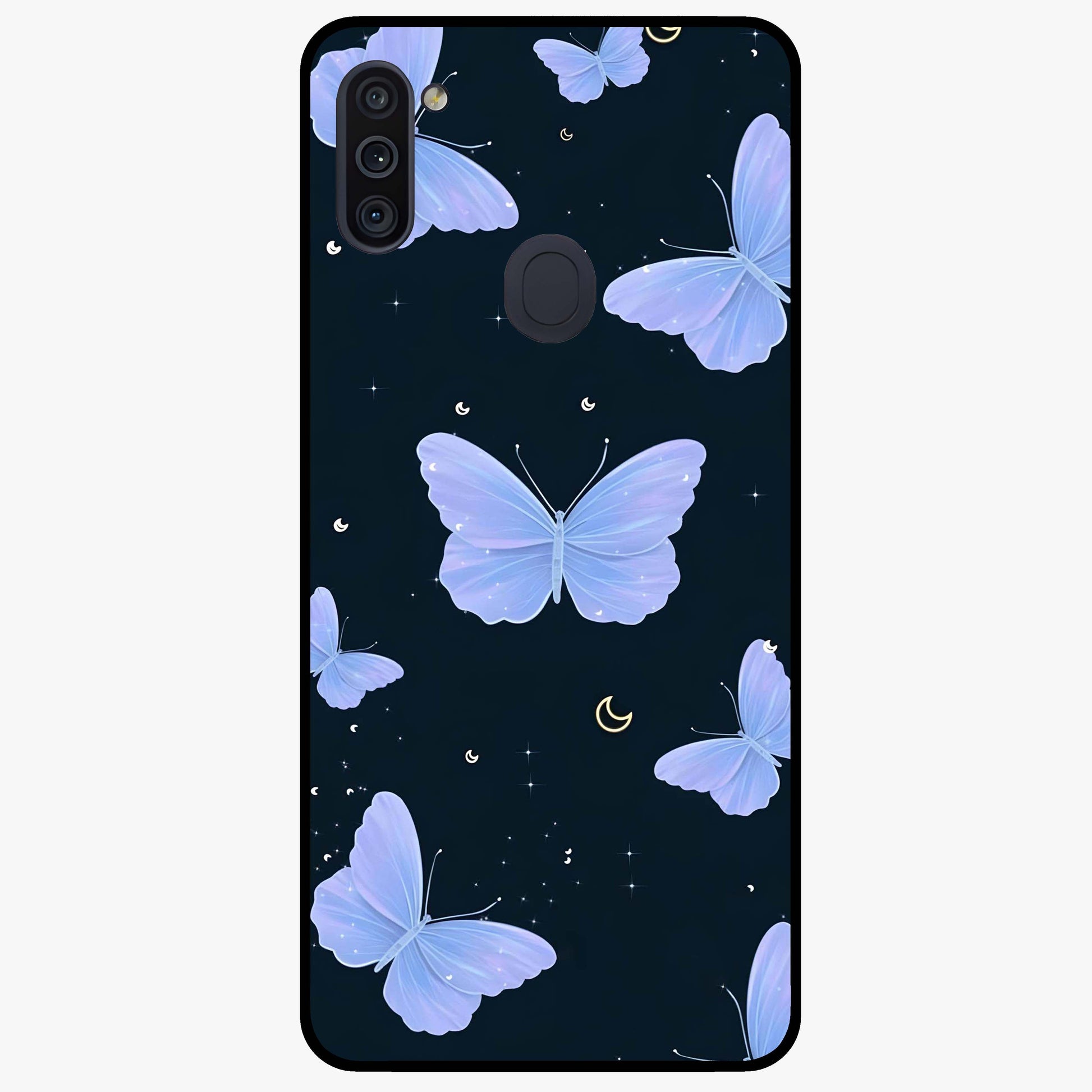 Butterfly With Stars Pattern Glass Case showing flat back view with butterfly and star pattern artwork and glossy glass finish.