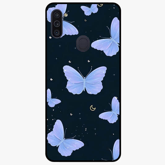 Butterfly With Stars Pattern Glass Case showing flat back view with butterfly and star pattern artwork and glossy glass finish.