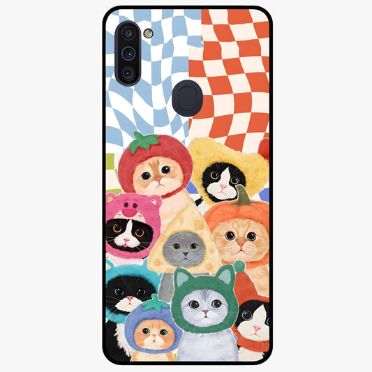 Cats in Fruits Glass Case showing flat back view with playful cat illustrations inside fruit artwork and glossy glass finish.