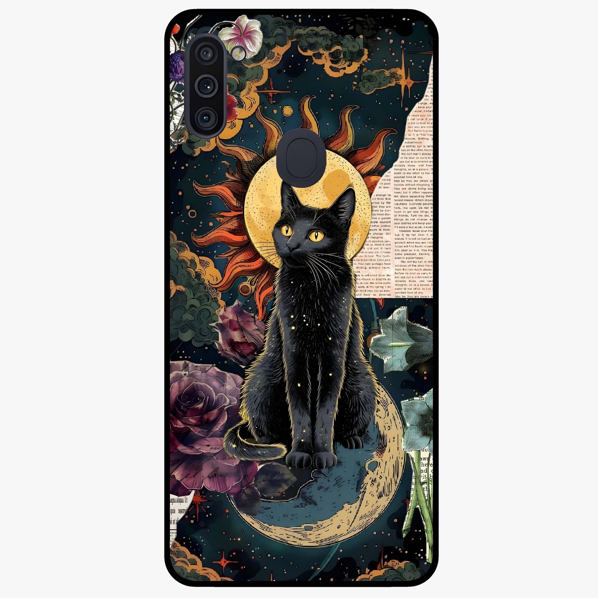 Celestial Black Cat Glass Case showing flat back view with mystical black cat artwork and glossy glass finish.